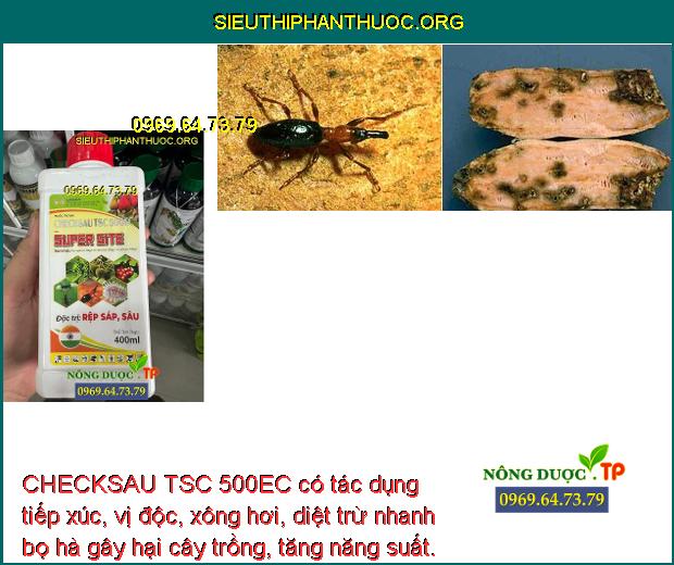 CHECKSAU TSC 500EC có tác dụng tiếp xúc, vị độc, xông hơi, diệt trừ nhanh bọ hà gây hại cây trồng, tăng năng suất.