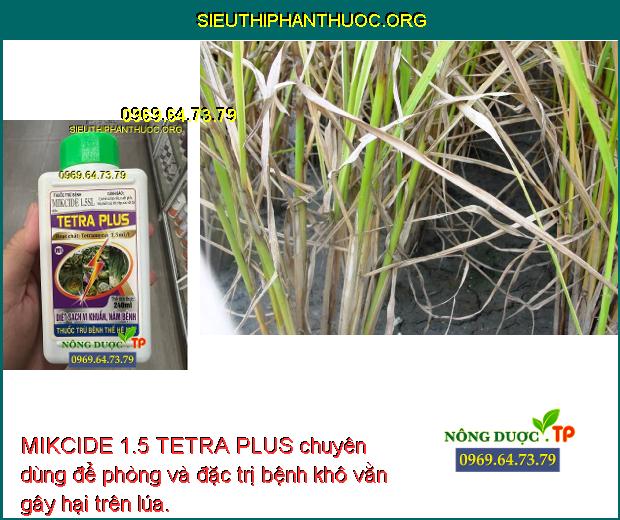 MIKCIDE 1.5 TETRA PLUS chuyên dùng để phòng và đặc trị bệnh khô vằn gây hại trên lúa.