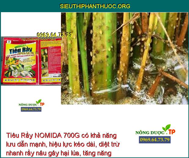 Tiêu Rầy NOMIDA 700G có khả năng lưu dẫn mạnh, hiệu lực kéo dài, diệt trừ nhanh rầy nâu gây hại lúa, tăng năng suất. 