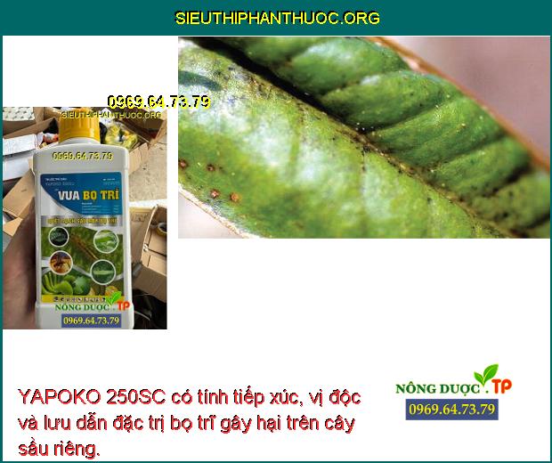 YAPOKO 250SC có tính tiếp xúc, vị độc và lưu dẫn đặc trị bọ trĩ gây hại trên cây sầu riêng.