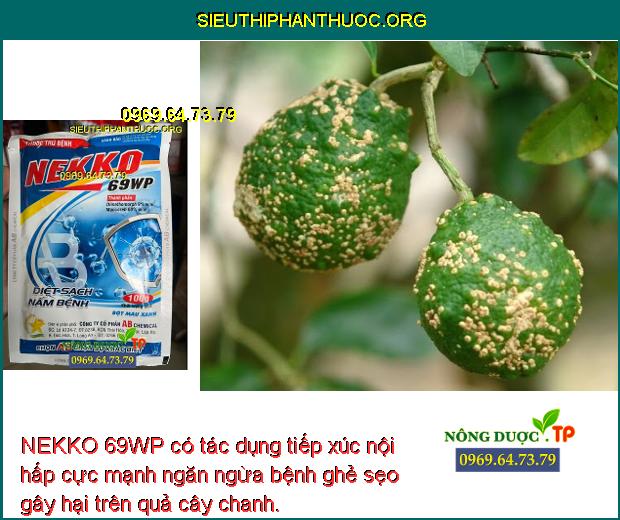 NEKKO 69WP có tác dụng tiếp xúc nội hấp cực mạnh ngăn ngừa bệnh ghẻ sẹo gây hại trên quả cây chanh. 
