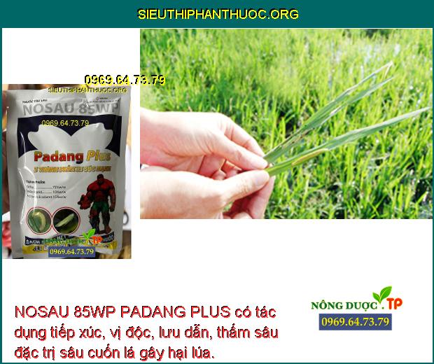 NOSAU 85WP PADANG PLUS có tác dụng tiếp xúc, vị độc, lưu dẫn, thấm sâu đặc trị sâu cuốn lá gây hại lúa.