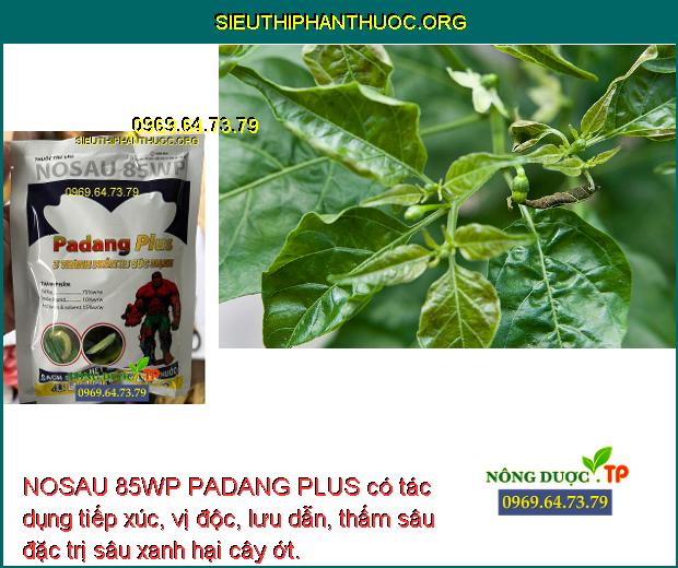 NOSAU 85WP PADANG PLUS có tác dụng tiếp xúc, vị độc, lưu dẫn, thấm sâu đặc trị sâu xanh hại cây ớt.