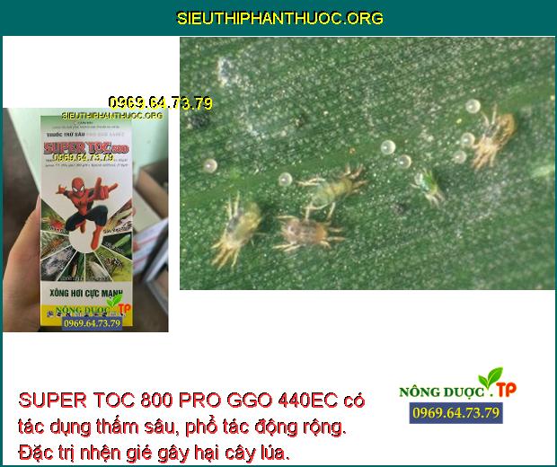 SUPER TOC 800 PRO GGO 440EC có tác dụng thấm sâu, phổ tác động rộng. Đặc trị nhện gié gây hại cây lúa.