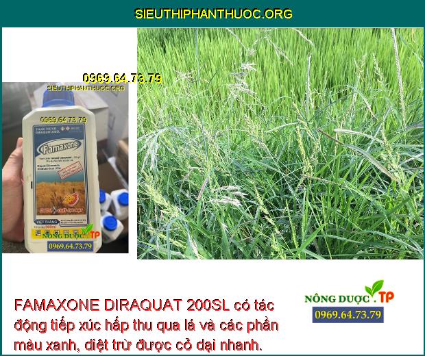 FAMAXONE DIRAQUAT 200SL có tác động tiếp xúc hấp thu qua lá và các phần màu xanh, diệt trừ được cỏ dại nhanh.
