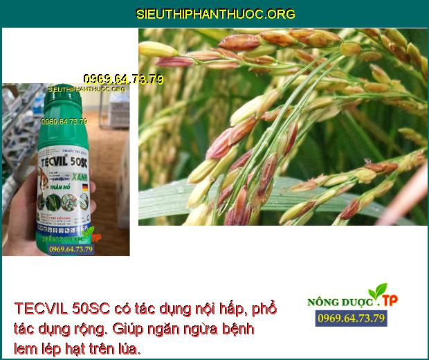 TECVIL 50SC có tác dụng nội hấp, phổ tác dụng rộng. Giúp ngăn ngừa bệnh lem lép hạt trên lúa.