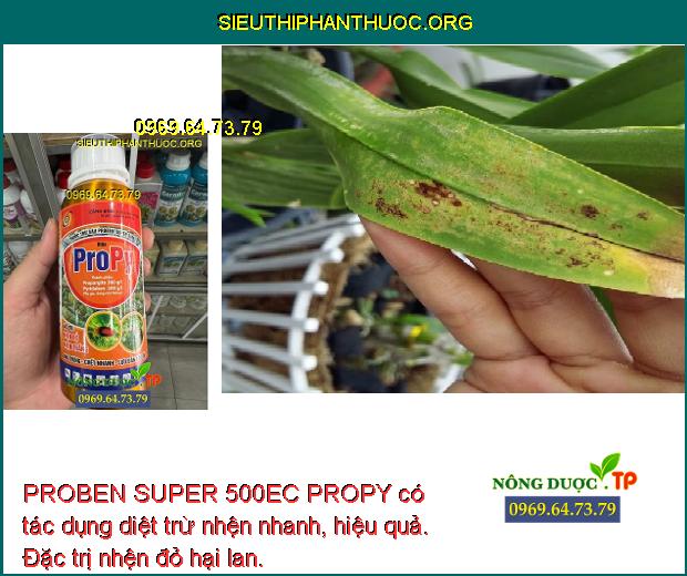 PROBEN SUPER 500EC PROPY có tác dụng diệt trừ nhện nhanh, hiệu quả. Đặc trị nhện đỏ hại lan.