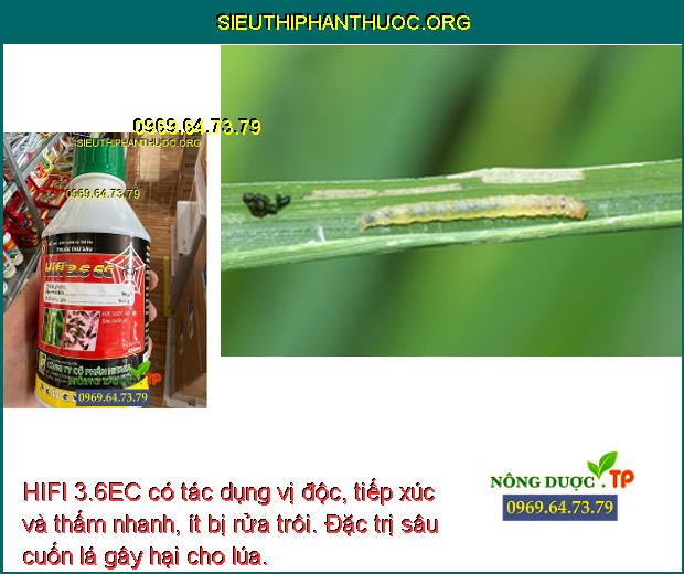 HIFI 3.6EC có tác dụng vị độc, tiếp xúc và thấm nhanh, ít bị rửa trôi. Đặc trị sâu cuốn lá gây hại cho lúa.
