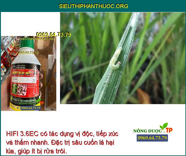 HIFI 3.6EC có tác dụng vị độc, tiếp xúc và thấm nhanh. Đặc trị sâu cuốn lá hại lúa, giúp ít bị rửa trôi.