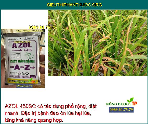 AZOL 450SC có tác dụng phổ rộng, diệt nhanh. Đặc trị bệnh đao ôn lúa hại lúa, tăng khả năng quang hợp.