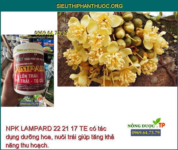 NPK LAMPARD 22 21 17 TE có tác dụng dưỡng hoa, nuôi trái giúp tăng khả năng thu hoạch.